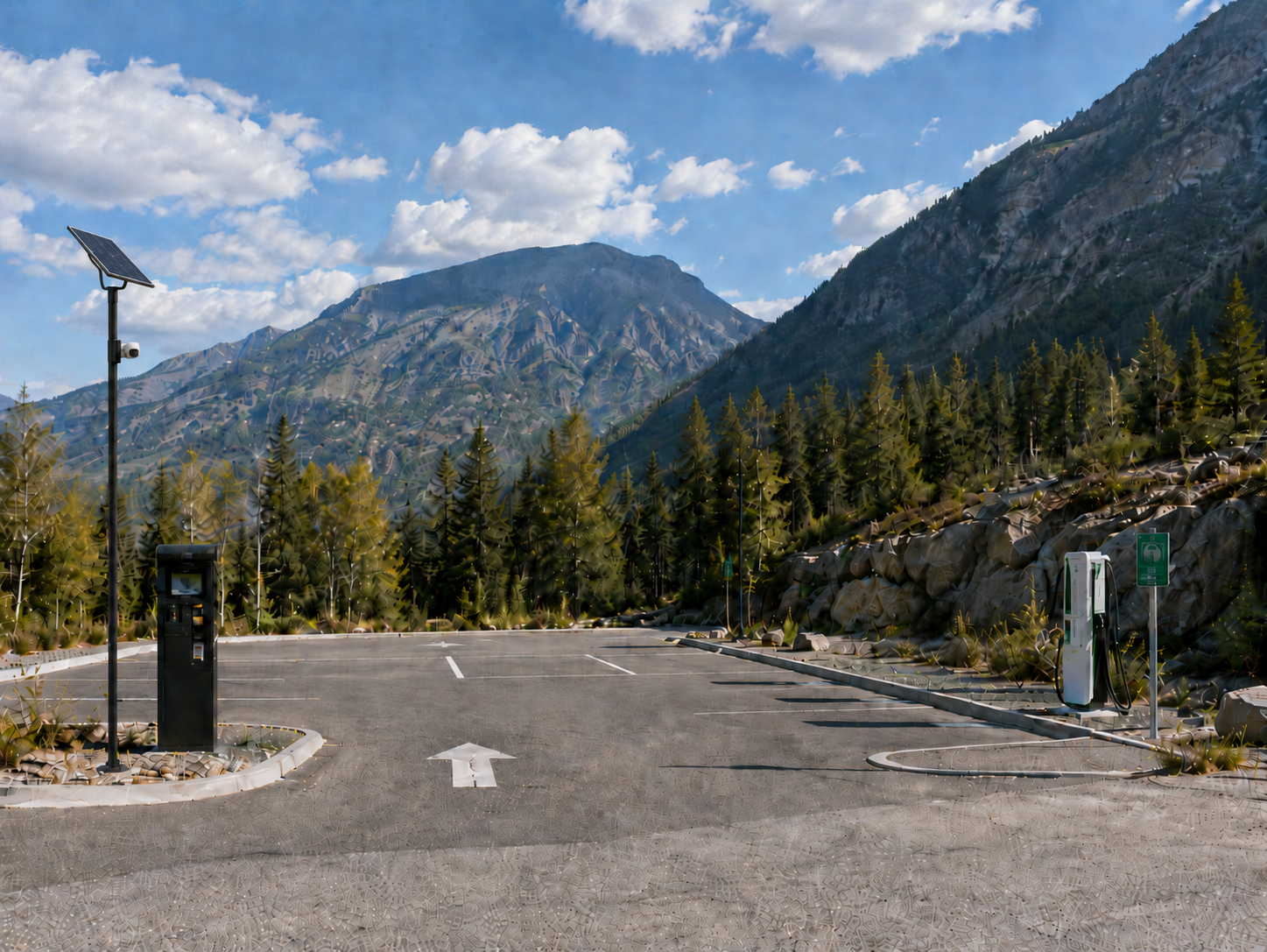Empty parking lot in a mountain setting with cameras at entry points